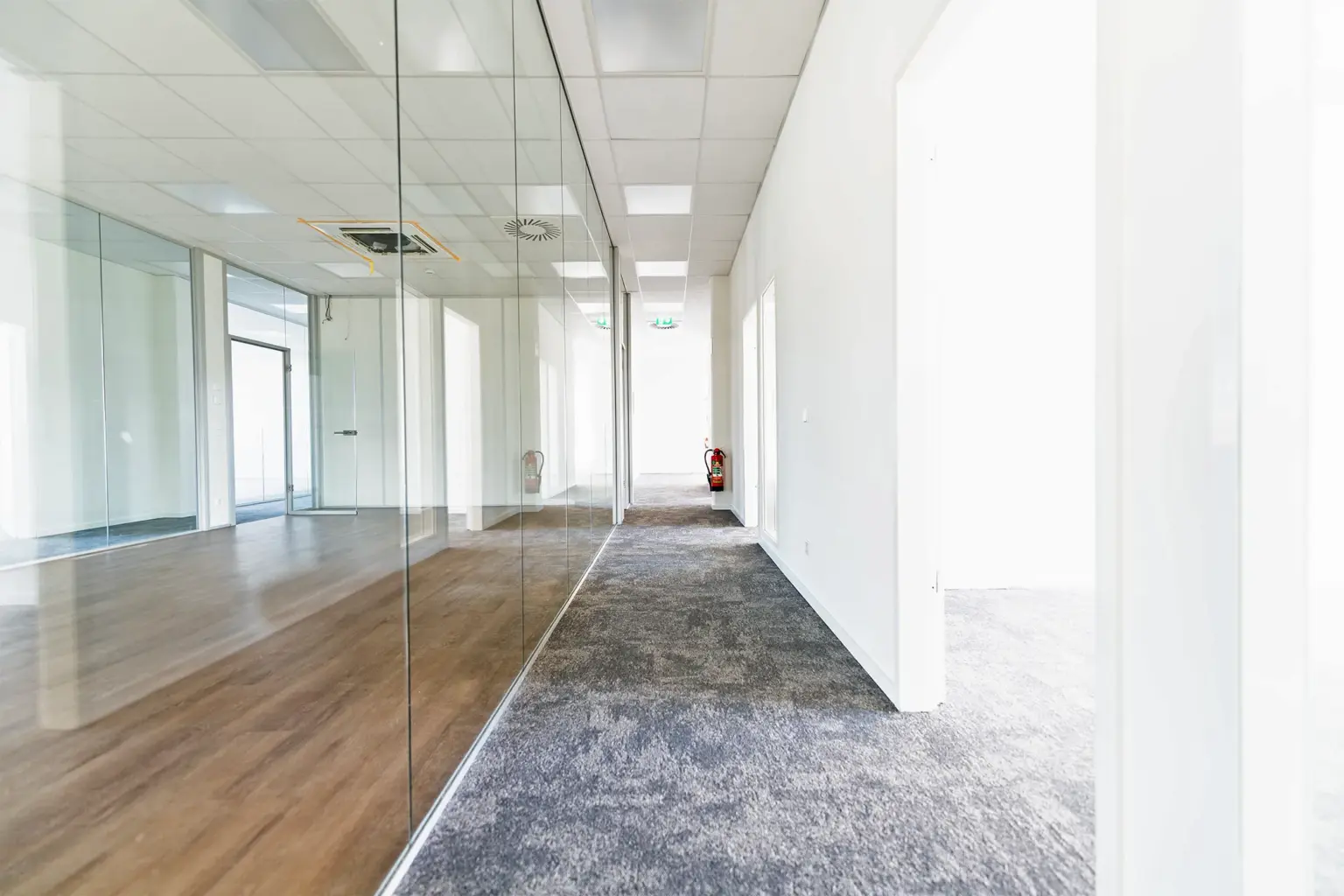 Büroflur mit Glaswänden, hellem Design und viel Tageslicht.